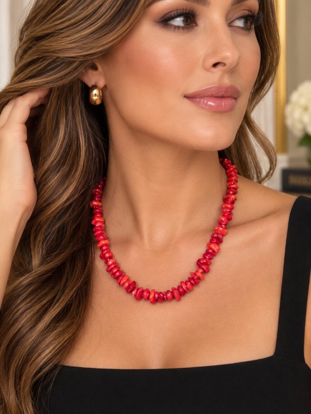 Genuine Red Coral Chip Necklace 17" Silver Tone Toggle Clasp Statement Jewelry